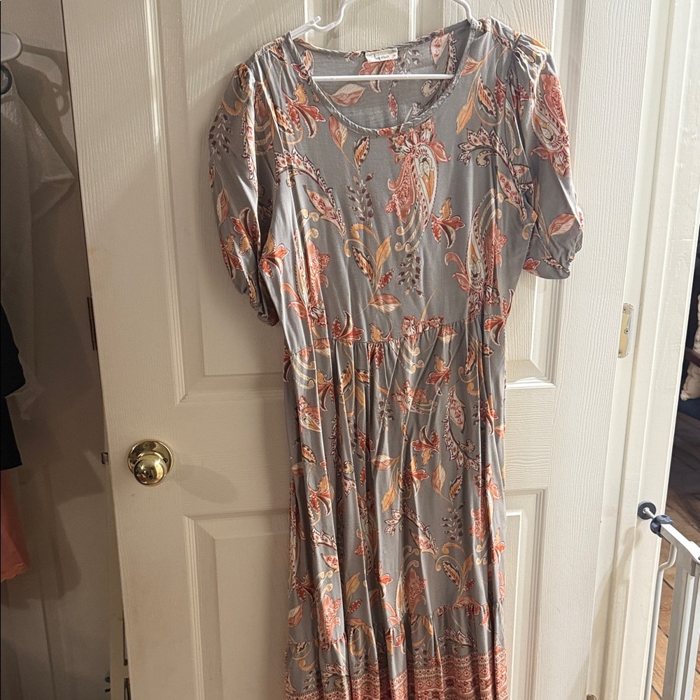 Zara Gray Maxi Dress with Coral Paisley Print